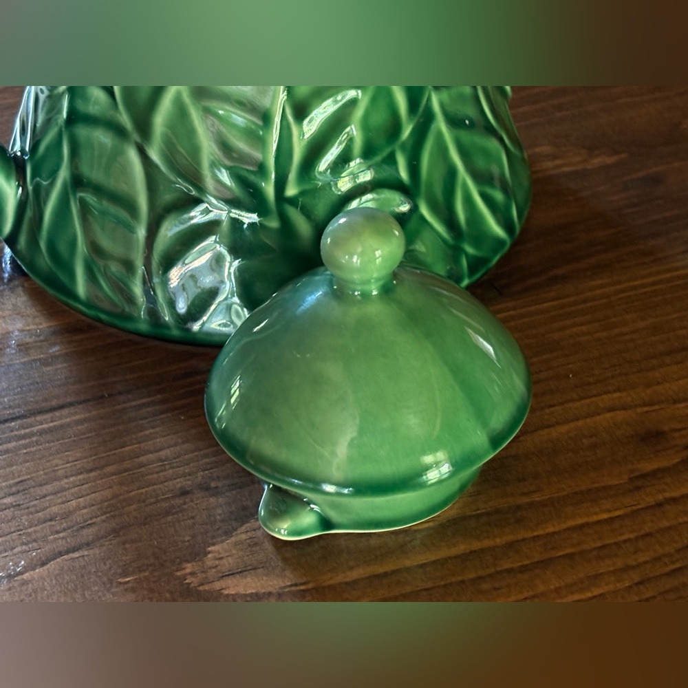 Vintage Pier-1 Imports Teapot Jade Leaves Green Stoneware Pier One Collection 7" - Picture 2 of 8